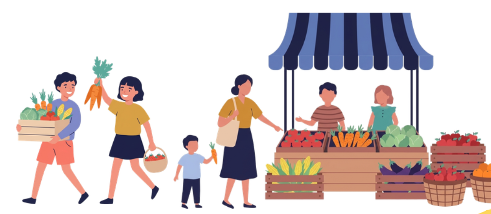 マルシェで野菜を売る子どもたちのイラスト